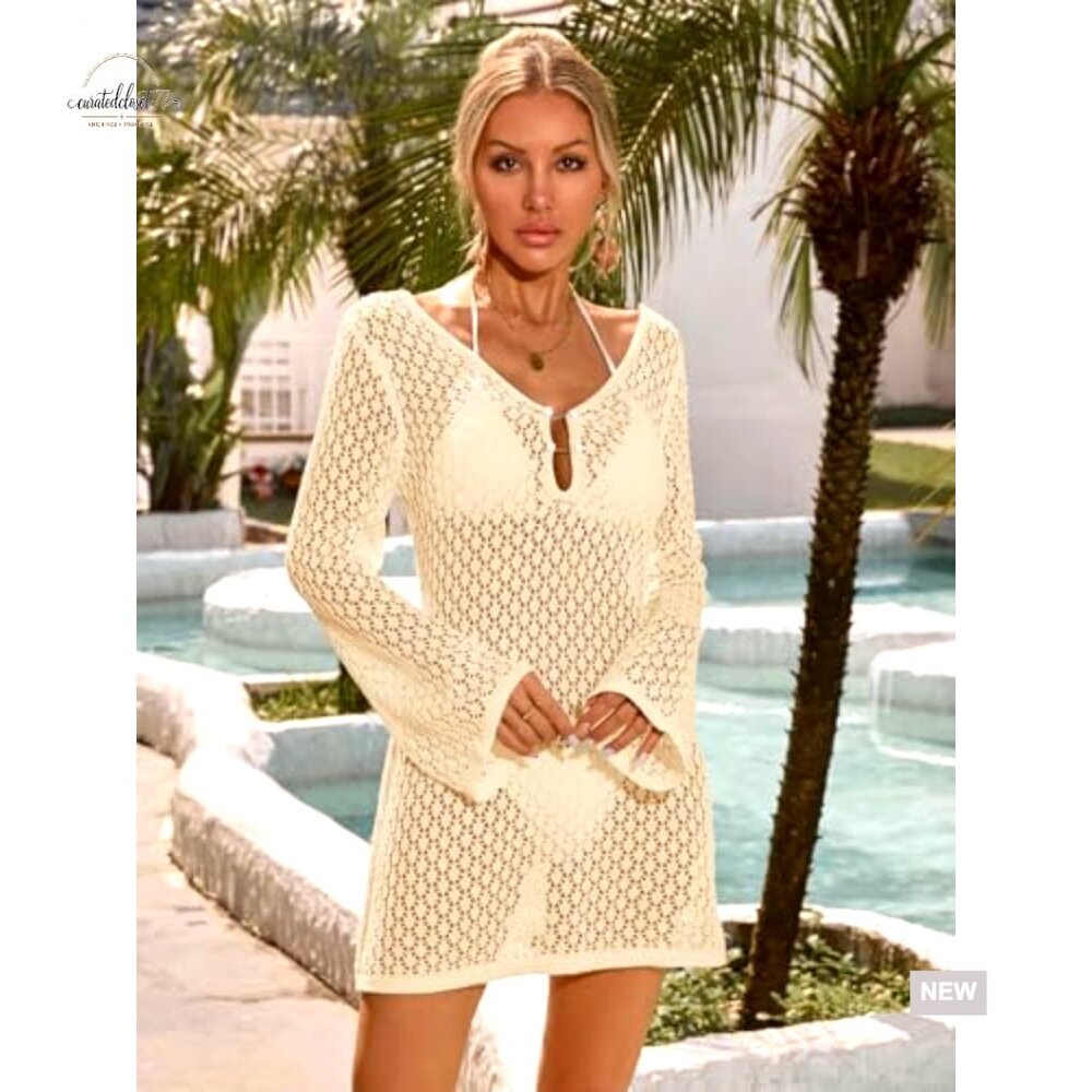 Large Crochet Mesh Swimsuit Cover Up Mini Dress V Neck Pearl - Picture 3 of 7